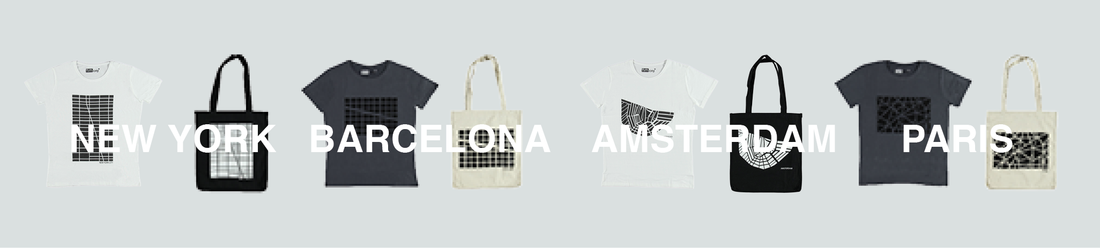 Timcity sustainable city-inspired fashion featuring urban map designs from New York, Barcelona, Amsterdam, and Paris